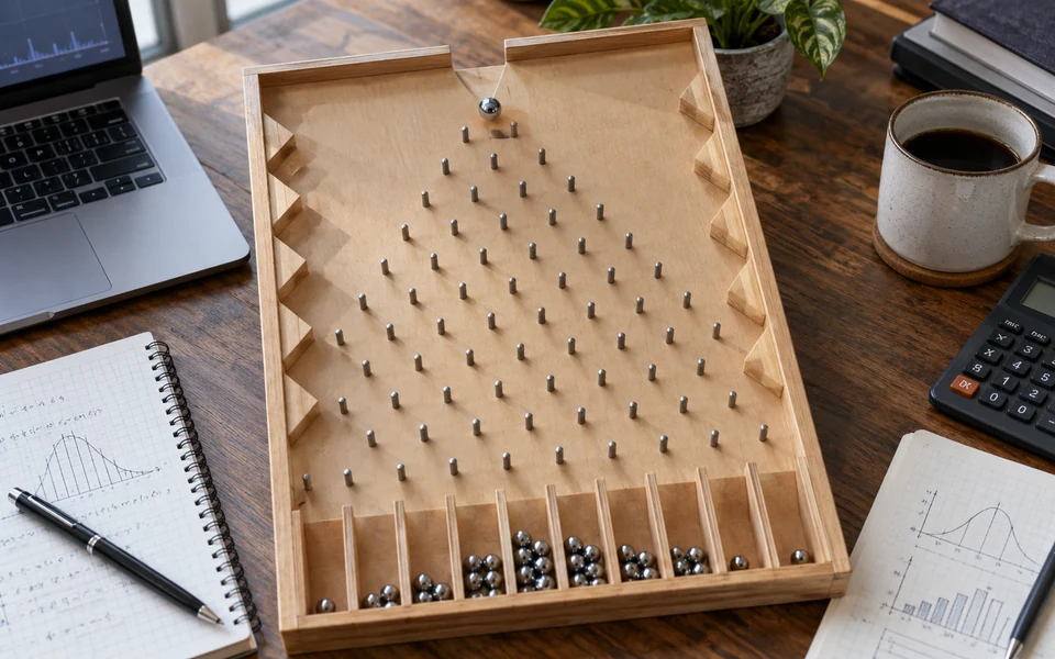 Доска Plinko с пирамидой штифтов и падающим шариком