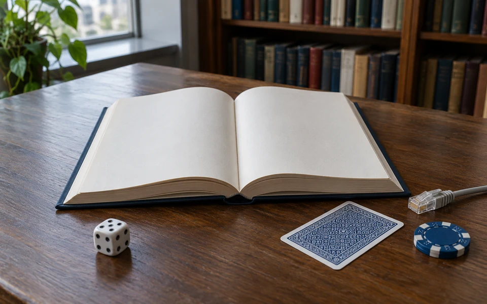 Открытая справочная книга, игральная кость, карта и фишка